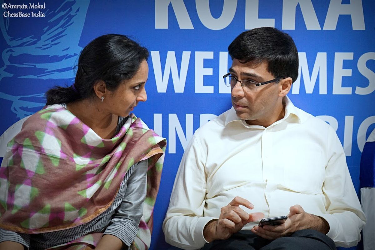 Former World Chess Champion Viswanathan Anand with his wife Aruna and son  Akhil arrives at