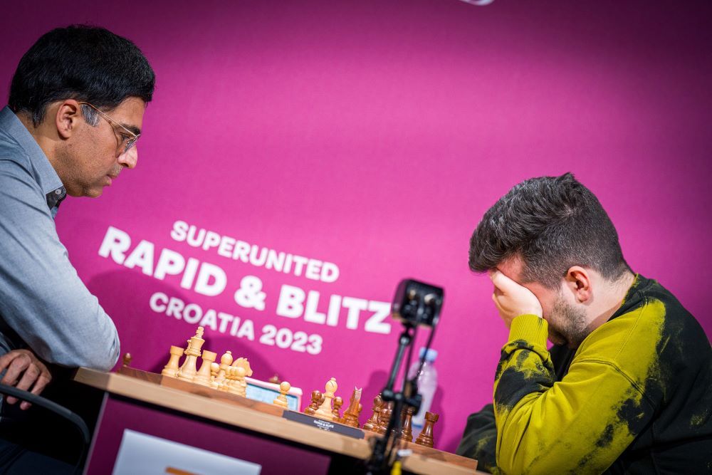 ChessBase India on X: . @vishy64theking Anand kicks off his journey at  SuperUnited Rapid Croatia with a fighting draw against Alireza Firouzja!  Anand had a slight edge with the Black pieces in