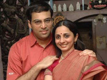 Indian chess player Viswanathan Anand and wife Aruna Anand posing for  photograph in Chennai