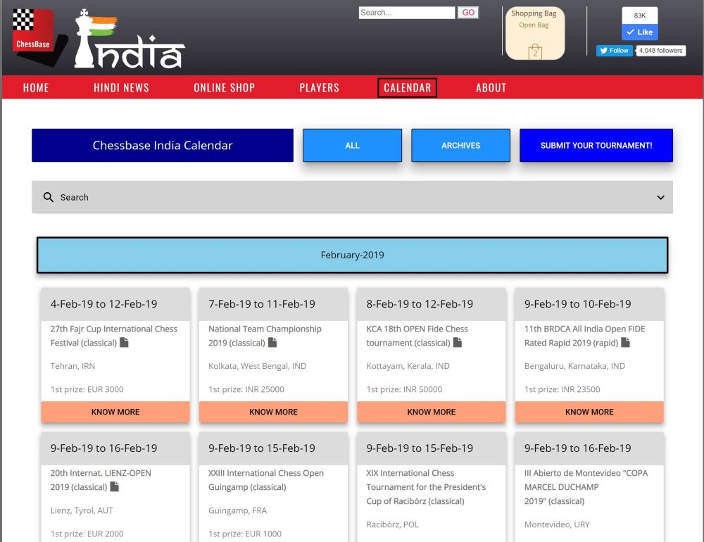 ChessBase India Calendar The place to get all tournaments around the