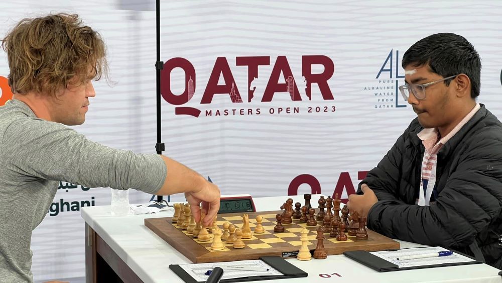 Puranik, Abhimanyu (2618) -- Carlsen, Magnus (2839), Qatar Masters (9)  2023, ½-½ 