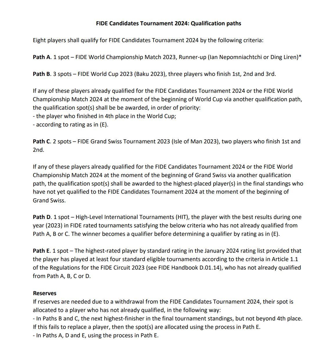 FIDE Announces 2024 Candidates Tournament Qualification Paths